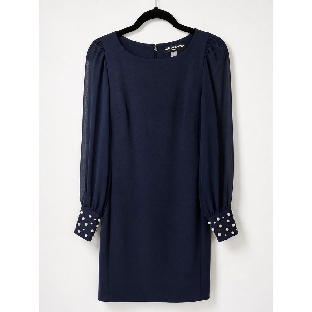 Karl Lagerfeld Navy Pearl Cuff Chiffon Sleeve Sheath Cocktail Dress 2 NWT